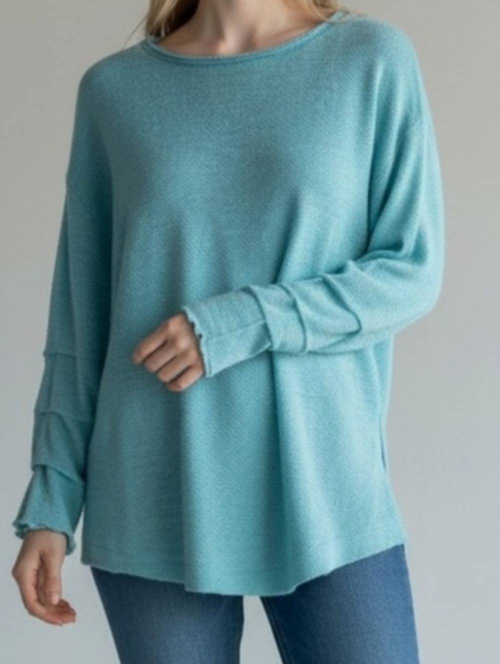 Aqua Textured Ruffled Sleeve Knit Rollneck Top L